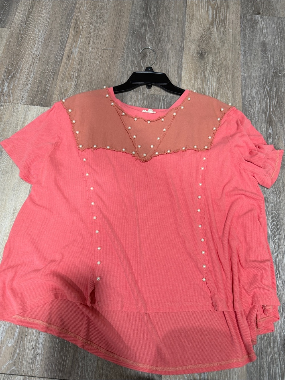 POL Coral Short Sleeve Top with Pearl Trim